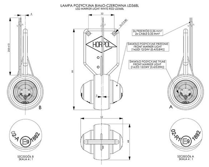 HORPOL LD 368/P LED labās puses piekaramā gabarītgaisma