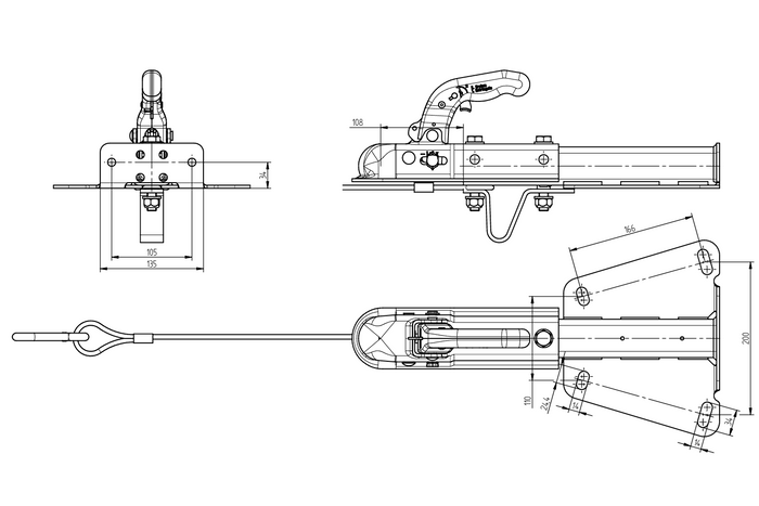 KNOTT KQ14-A+KZE7.5 lodveida sakabe 750 kg piekabei ar V veida jūgstieni