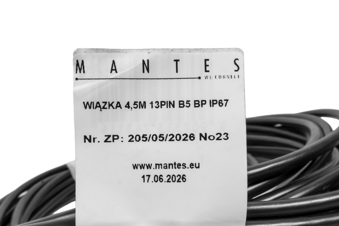 Электромонтажная система MANTES, жгут проводов для лодочного прицепа 4,4 м, 13-контактный штекер, 2 штыревых разъема по 5 контактов.