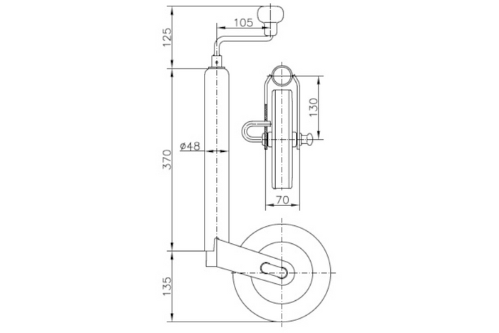 Žokeja ritenis ar skavu UNITRAILER 150kg 48mm 505-730mm