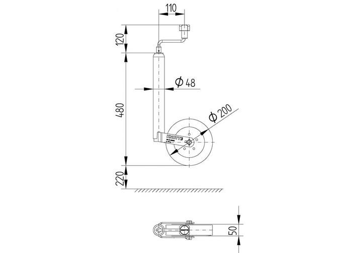 KNOTT TK48 atbalsta ritenis 150kg 48mm 480-700mm